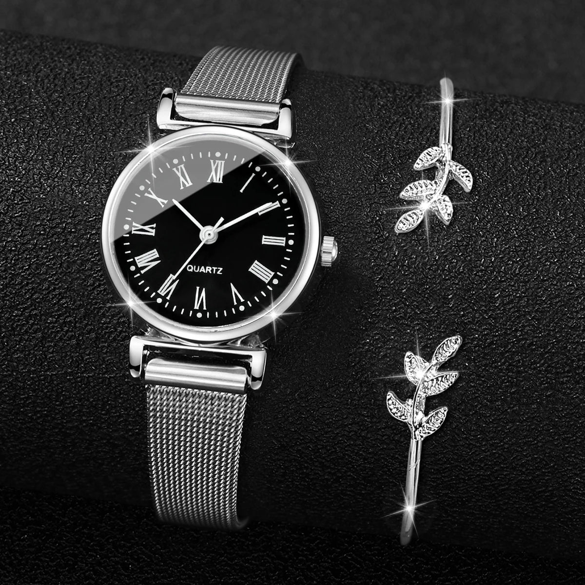 2-piece ins compact and minimalist metal mesh strap quartz women's watch leaf bracelet women's watch case Qme black No