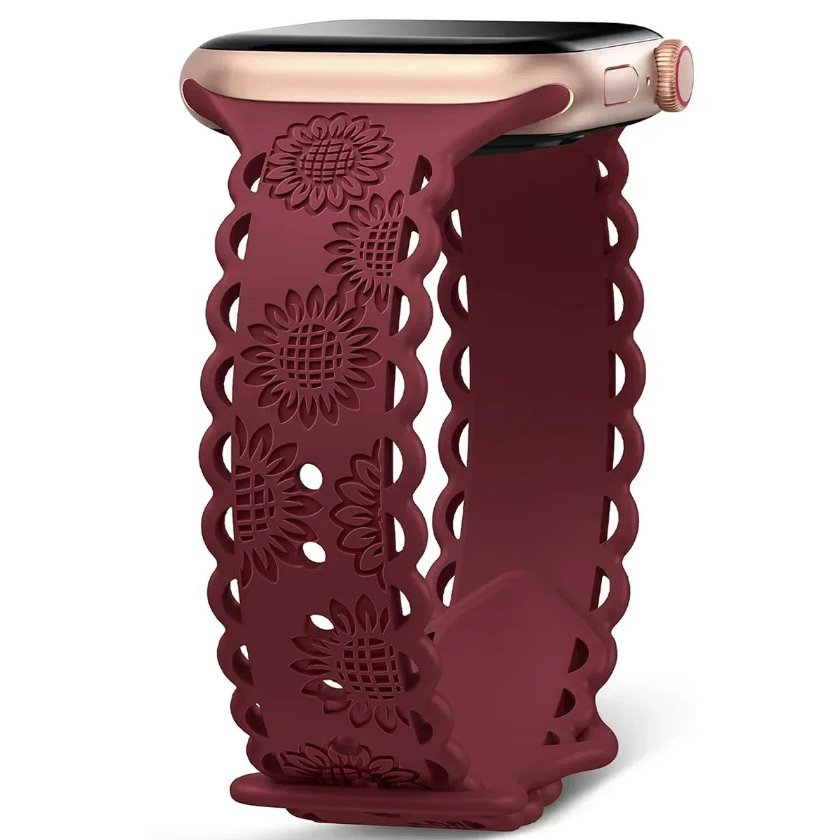 Engraved Floral Strap for Apple Watch Ultra2 49mm 45 44 42 41 40mm 38mm Silicone Band for IWatch Series 9/8/7/6/5/4/3/2/SE Ultra Qme Wine Red 42mm 44mm 45mm 49mm