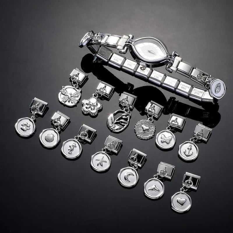 Wholesale Fashion Round Moon Shell Heart Seahorse Italian Charm Link Fit 9mm Stainless Steel DIY Bracelet Jewelry Making Bead Qme