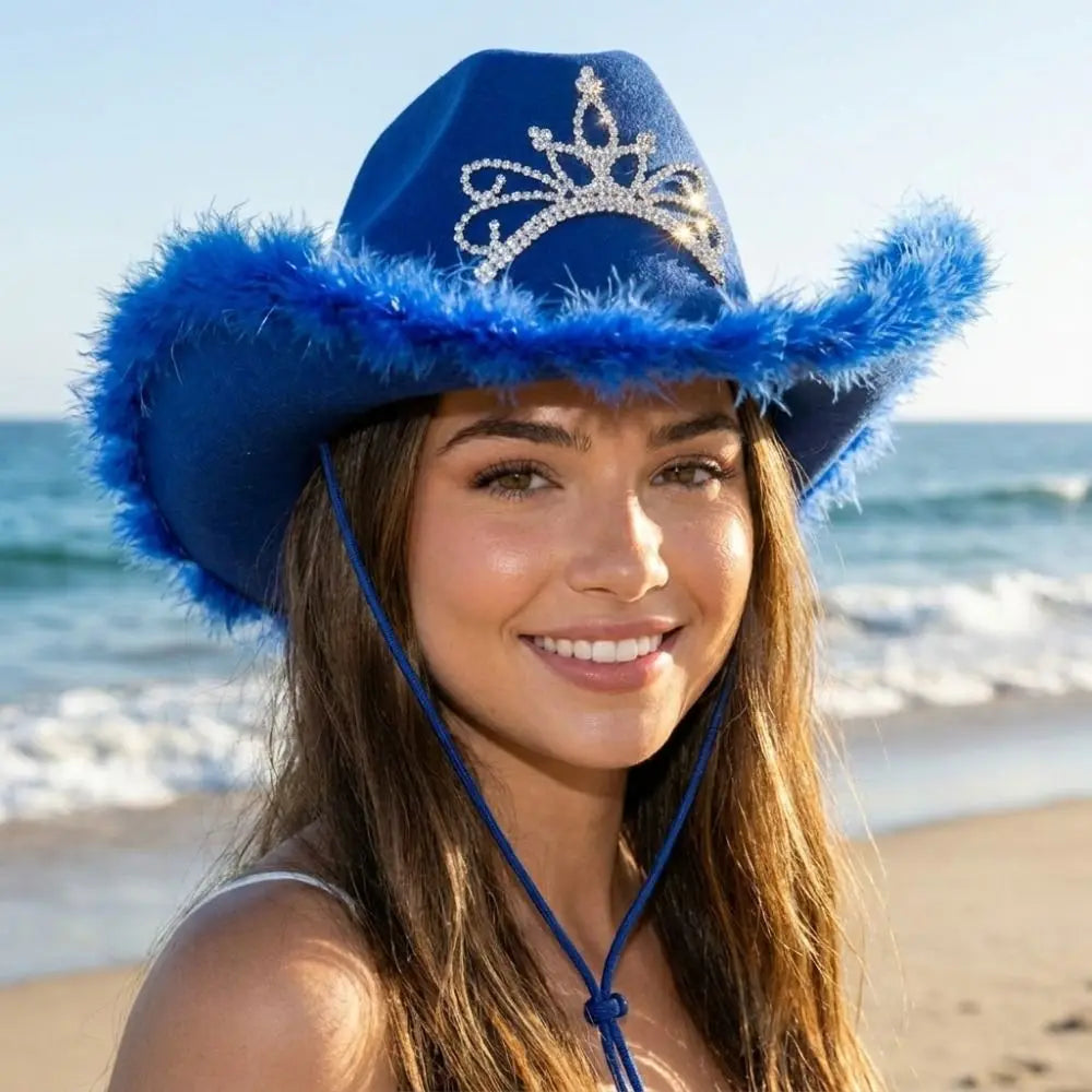 Wide Curved Brim Rhinestone Tiara Cowgirl Hat Soft Felt Western Qme