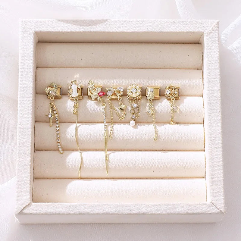2026 Exquisite Bowknot Micro Inlaid Colored Zircon Pearl Italian Charm Link 9mm Stainless Steel Modular Bracelet Jewelry Gifts Qme