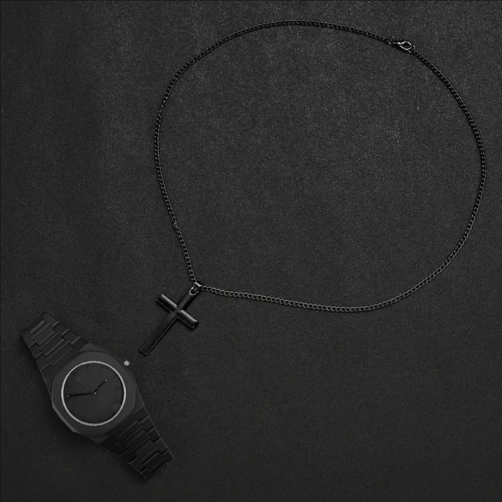 2PCS Men's high-end watch! All black octagonal watch+cross necklace set Qme