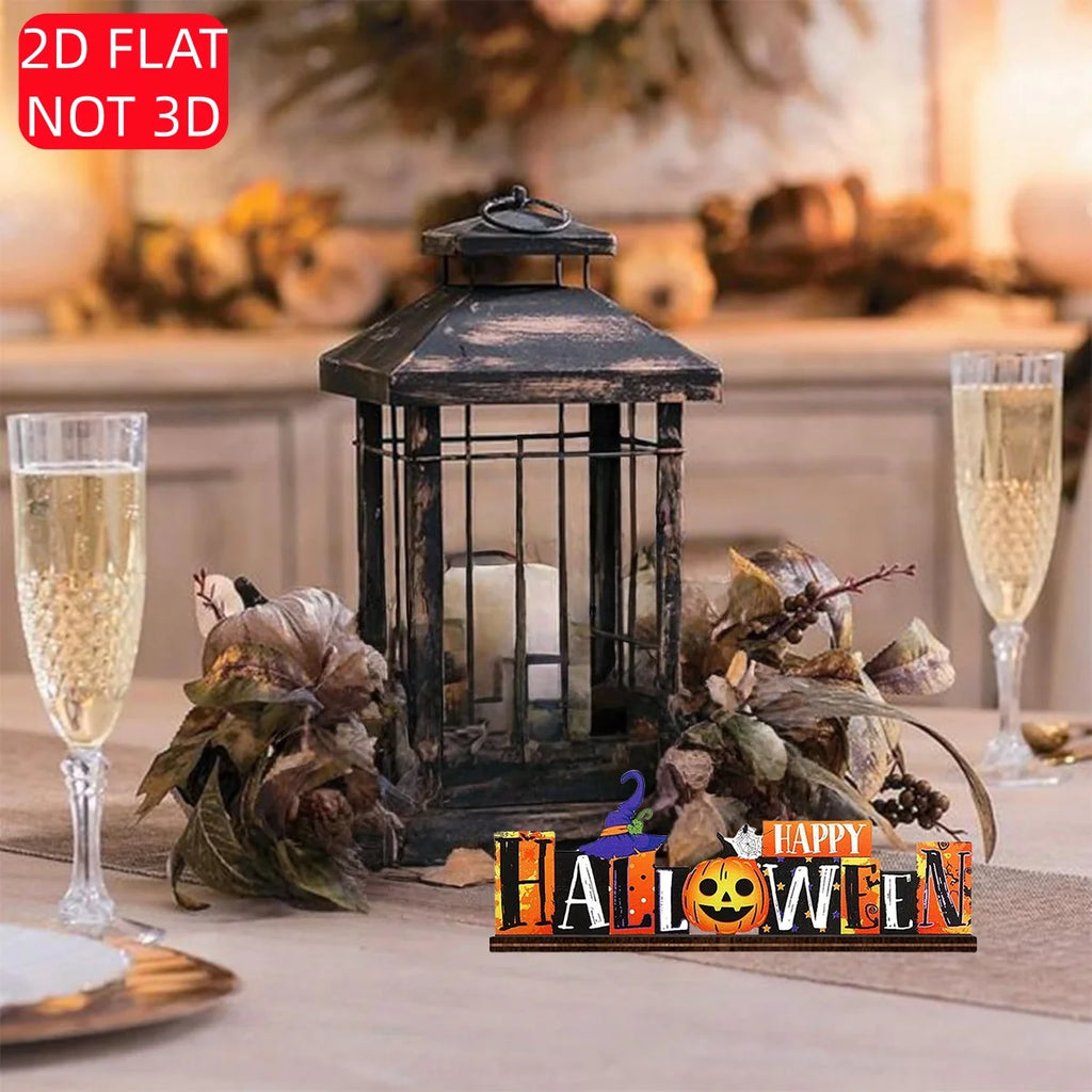 1 Set of 2D Halloween Wooden Tabletop Decorations, "Happy Halloween" Spooky Pumpkin Witch Hat Spider Web Pattern, Vintage Halloween Farmhouse Store Party Event Decorations ﻿ Qme