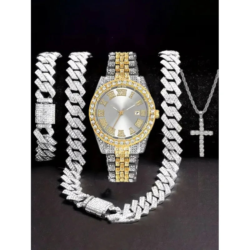 4-in-1 Hip Hop Jewelry Set for Men, Two-tone Iced Out Watch + Cuban Link Chain + Bracelet + Cross Necklace, Gold Silver Tone Qme Red
