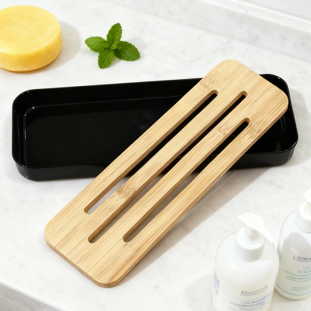 Bamboo Soap Dish Bottles Holder Tray Removable Countertop Drain Tray Candle Perfume Jewelry Organization Bathroom Vanity Tray Qme