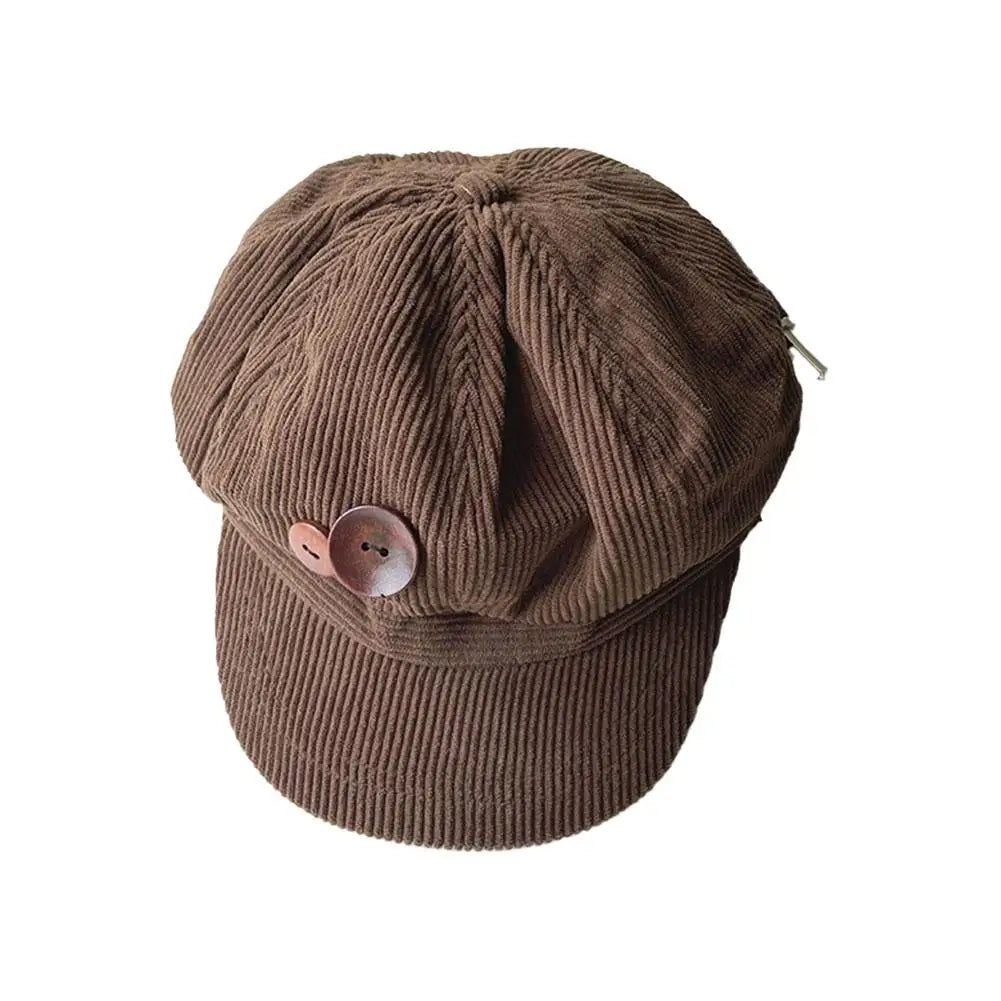 Retro Button Corduroy Octagonal Cap For Women Painter Artist Hat Japanese Girls Brown Peaked Caps Autumn Winter Berets Qme A