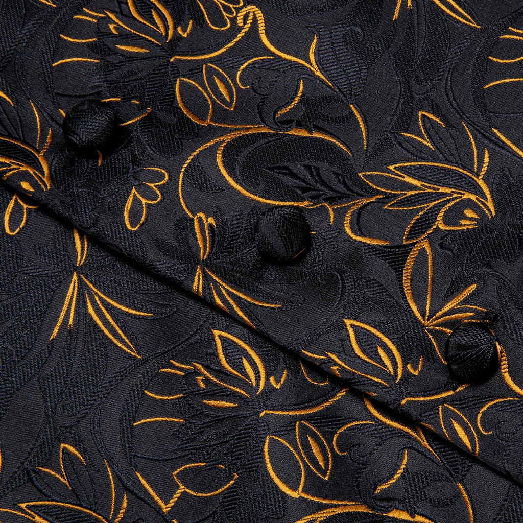 Luxury Mens Black Golden Vest Tie Hanky Cufflinks Jacquard Floral Qme
