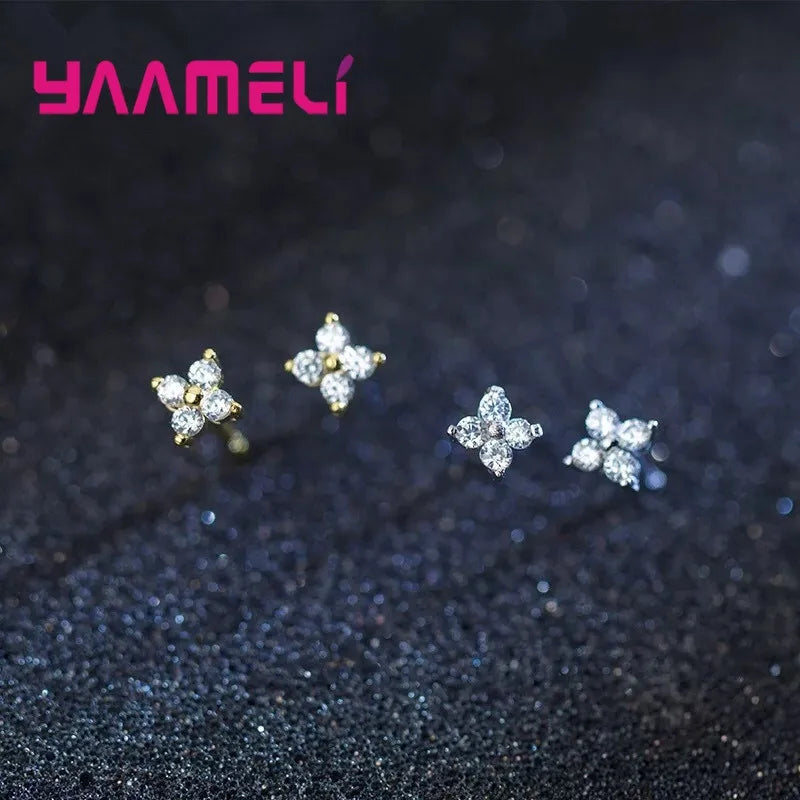 100% Real 925 Sterling Silver Color Clover Stud Earrings Bright Zircon Earrings For Women Girl Fashion Trendy Jewelry Qme