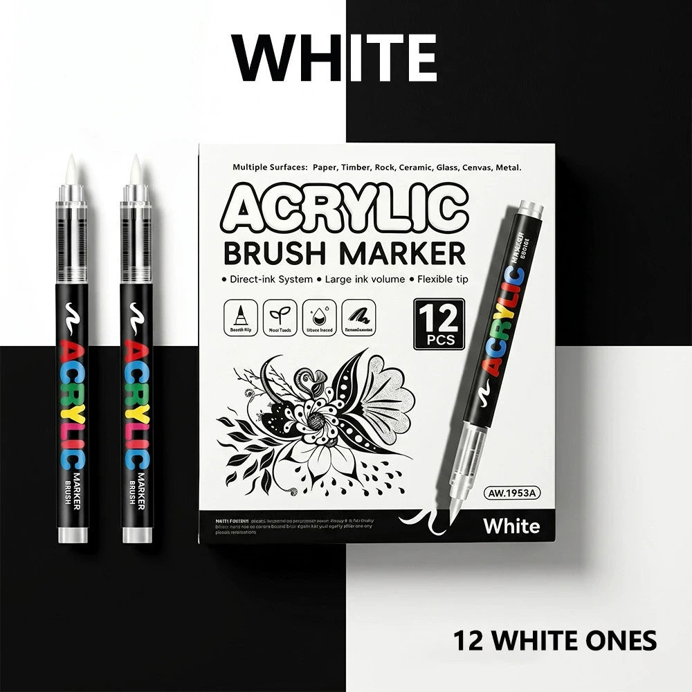 12 Colors Acrylic Paint Pen Set Black/White/Gold/Silver Acrylic Highlights Markers Brush Tip Markers for Wood Rock Painting Gift Qme 12 white
