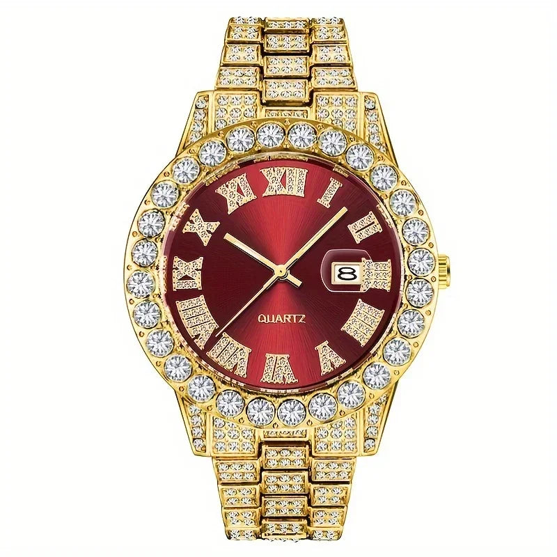 A08095-2 Full Faux Diamond Iced Out Steel Strap Large Dial Quartz Watch Hip Hop Watch Qme