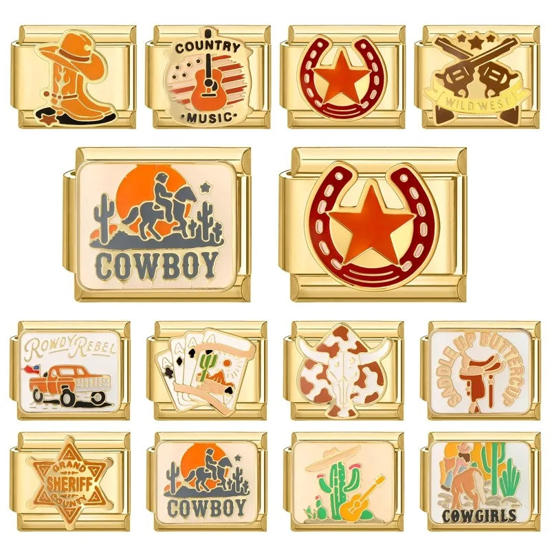 2026 New Golden Cowboy Horse Cowgirls Boots Hat Guitar Star Car Italian Charm Fit 9mm Stainless Steel Bracelet Jewelry DIY Gifts Qme