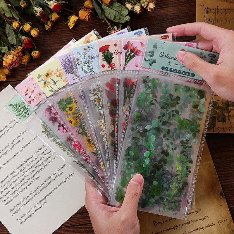 6 Pcs Journal Stickers, Plant and Flower Stickers,PET Waterproof Transparent Floral Patterns,DIY Photo Album Decoration Stickers Qme
