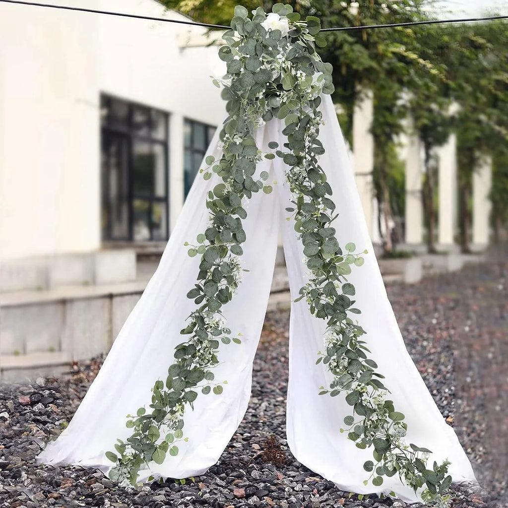 1pcArtificial Eucalyptus Leaves Greenery Garland Faux Plant Spring Vines with White Flowers Berries for Wedding Home Party Decor Qme
