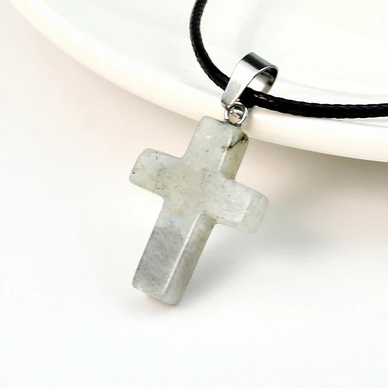 Natural Stone Cross Pendant Necklace, Colorful Punk Rock Style, Street Cool Vintage Y2K Goth Hip Hop Jewelry for Men and Women Qme A8
