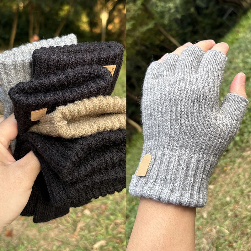 Black Winter Thick Elastic Knitted Gloves Warm Writting Office Cycling Fingerless Glove for Men Women Touchscreen Work Gloves Qme