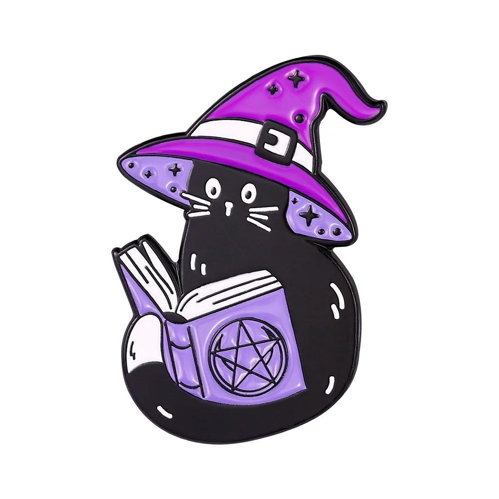 Witch Enamel Pin Punk Black White Cat Brooch Magic Hat Badge Book Wings Lapel Animal Goth Purple Crystal Jewelry Gifts Wholesale Qme style 5