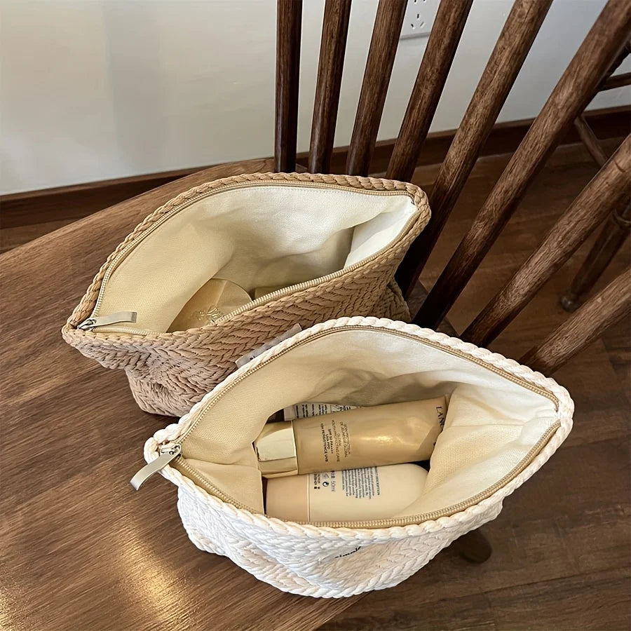 Nordic Style Embossed Weave Makeup Storage Bag Soft Fabric Cosmetic Pouch Portable Travel Toiletry Organizer Purse Qme