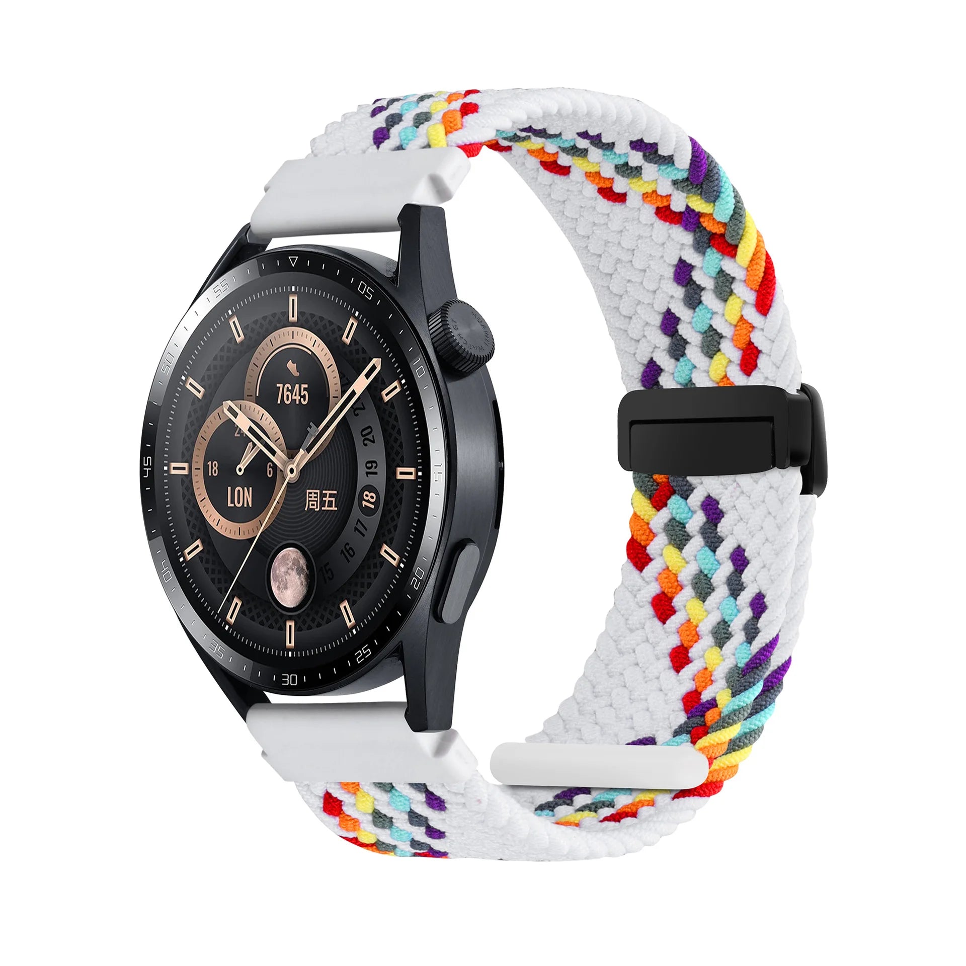 A Adjustable Nylon Braided Watch Strap with Folding Buckle Magnetic Wristband for Samsung Watch 5 6 7 Huawei GT5 GT6 Qme White Rainbow 20mm