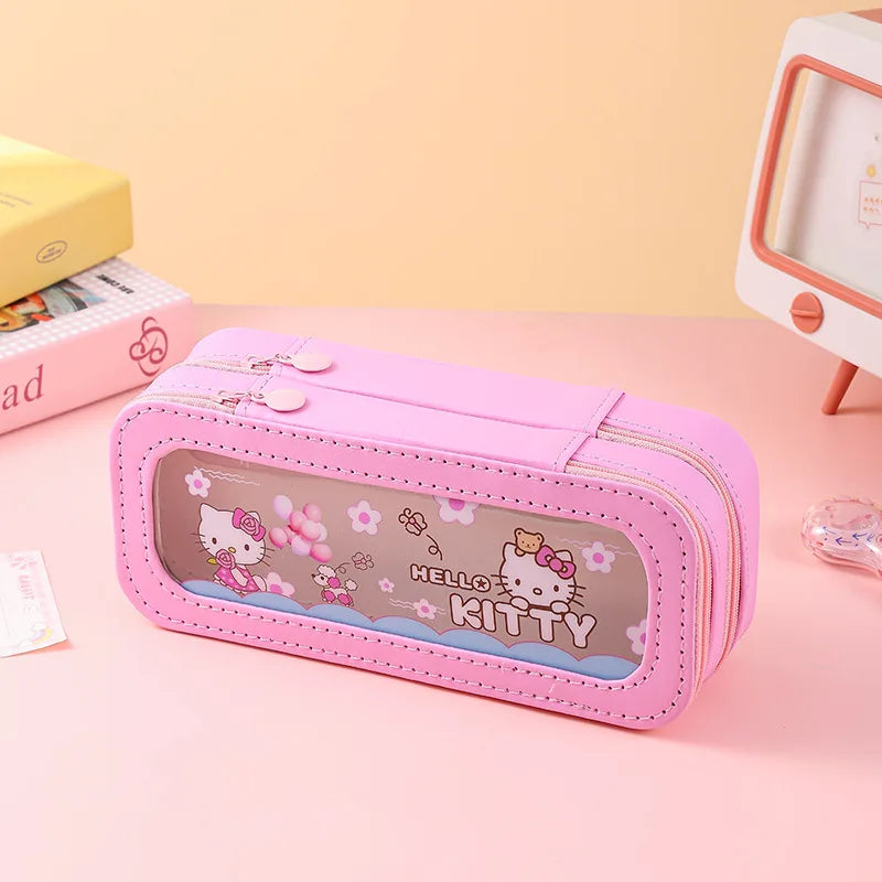 Hello Kitty Kuromi Transparent Double-Layer Pencil Case with Window Large-Capacity, Stylish Pencil Case Student Pencil Case Qme 2