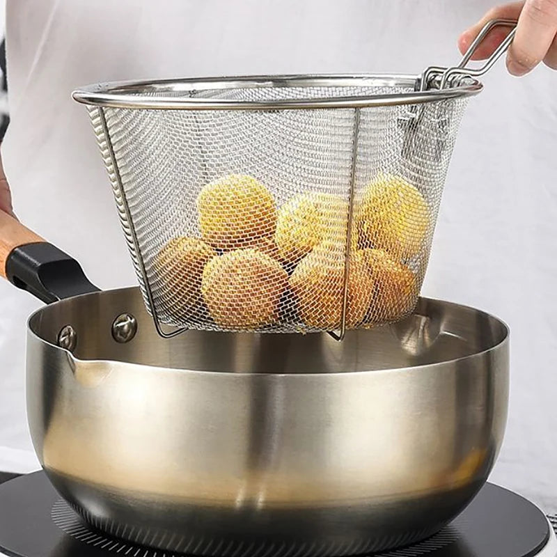 French Chip Frying Strainer Basket Stainless Steel Deep Fry Basket Kitchen Round Fryer Wire Mesh With Handle Wire Colander Nets Qme