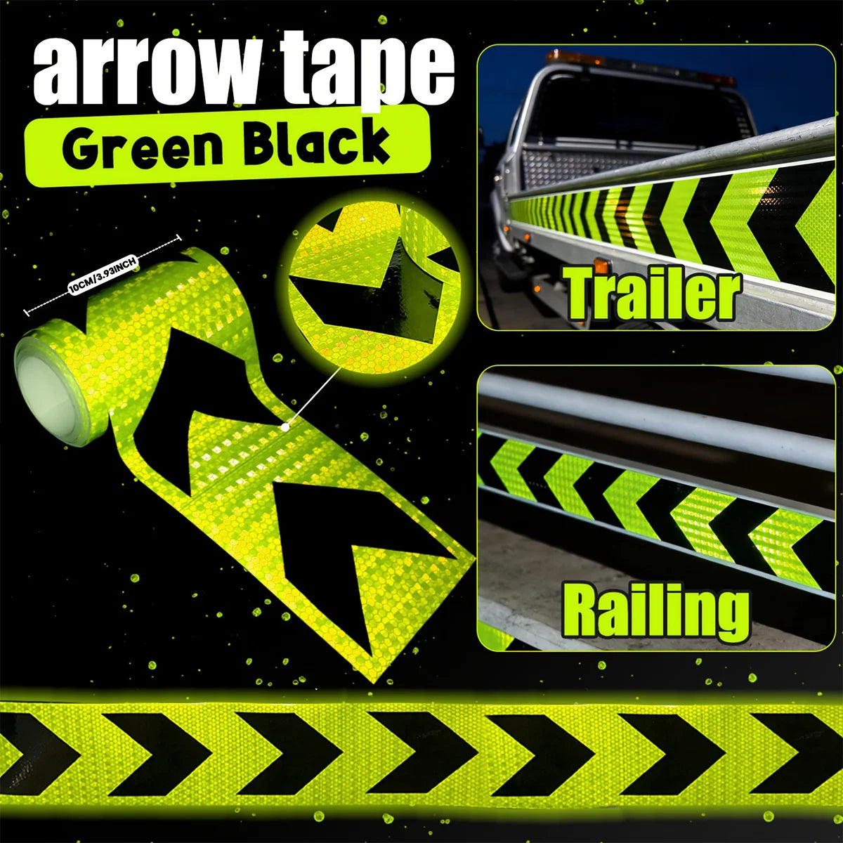 4Inch Waterproof Arrow Reflective Tape Safety Caution Warning Stickers Conspicuity Reflectors for DIY Car Truck Vehicle Warning Qme Green Black 5m 10cm