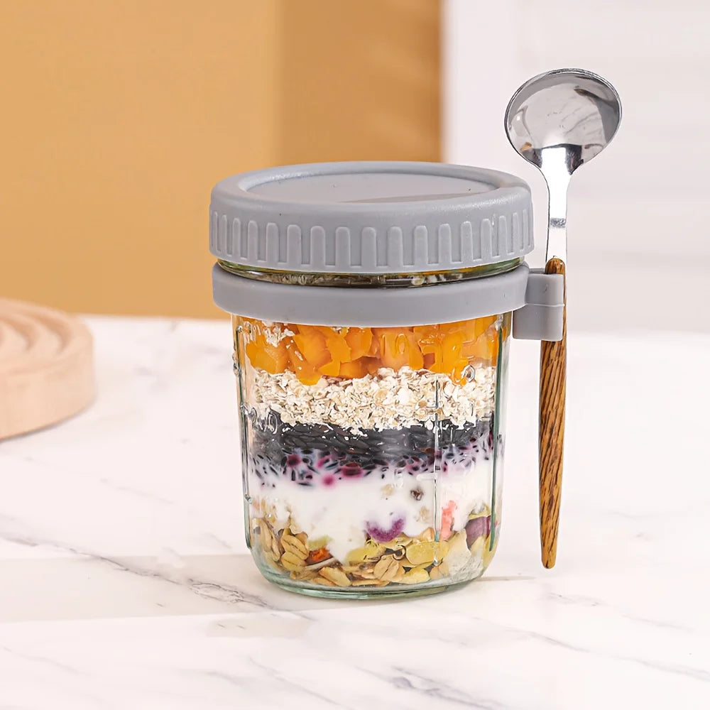 Glass Oatmeal Cup Overnight Oats Container Lid Spoon Cereal Milk Qme Grey
