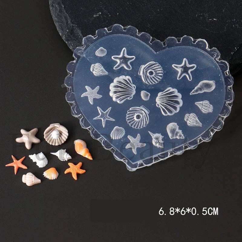 3D Seashell Nail Art Mold Silicone DIY Ocean Starfish Conch Dolphin Nail Design Molds High Transparent Nail Art Carving Template Qme 003 Heart