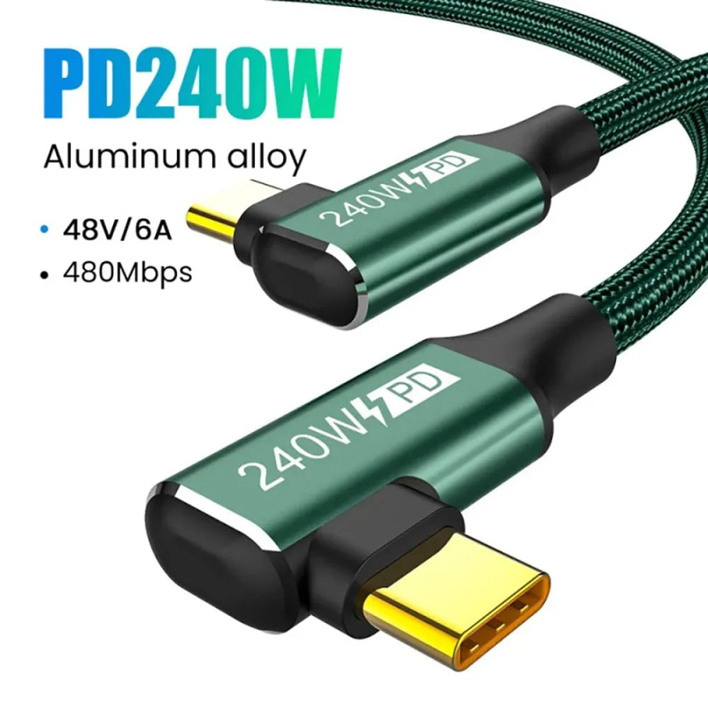 240W 90 Degree Type-C Data Cord PD High-Speed Data Line USB C Fast Charging Cable for Mobile Phone iPhone Samsung Xiaomi Huawei Qme