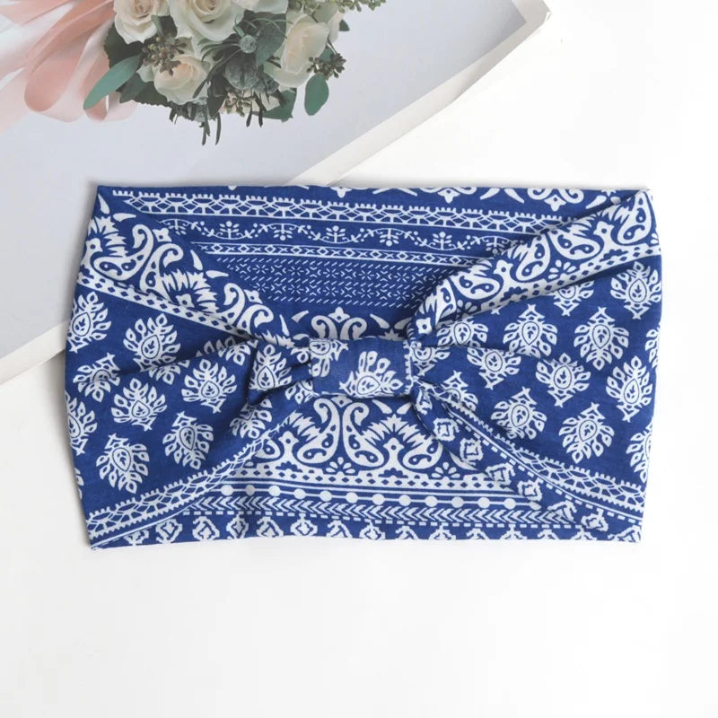 Bohemian Wide Headbands Trendy Yoga Motion Hairpie Sweat-absorbing Qme Blue