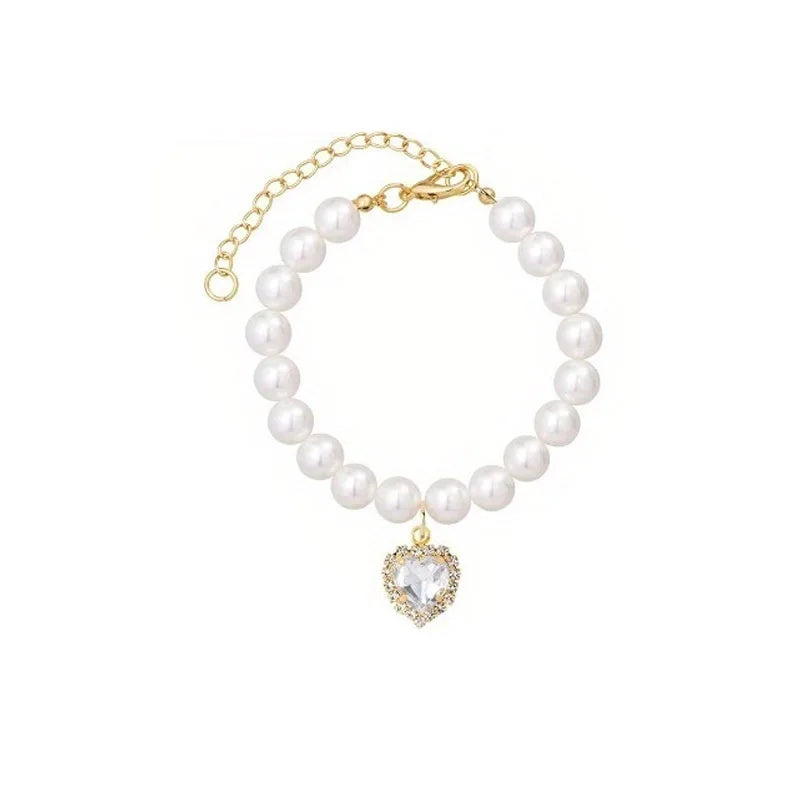1 pet pearl heart-shaped rhinestone pet necklace collar, adjustable wedding party collar, suitable for cats and super small dogs Qme WHITE S