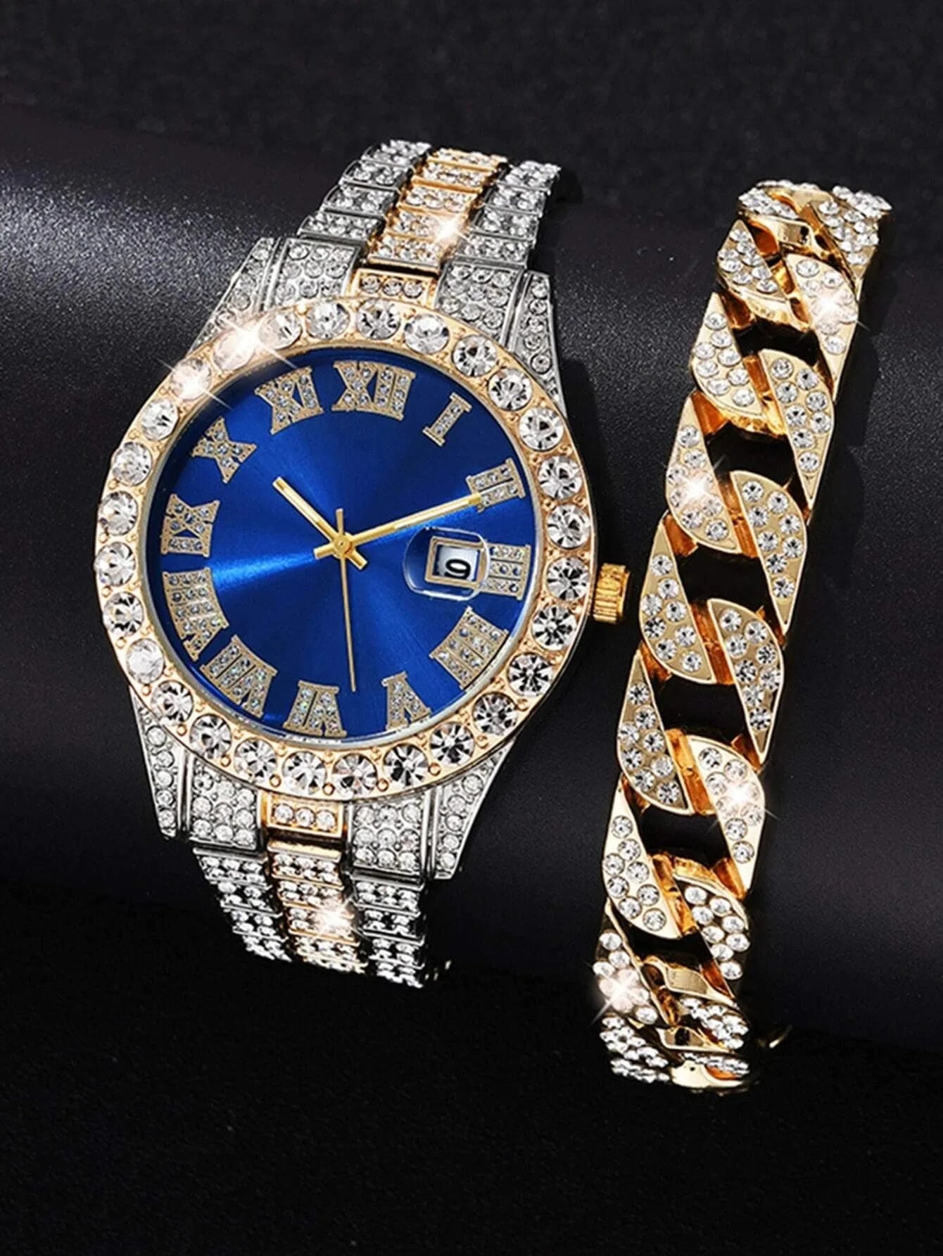 Hip Hop Watch Male Watch Luxury Water Proof Brand Watches Stainless Steel Round Clock Men Quartz Wristwatches Gift Boyfriend Qme blue set