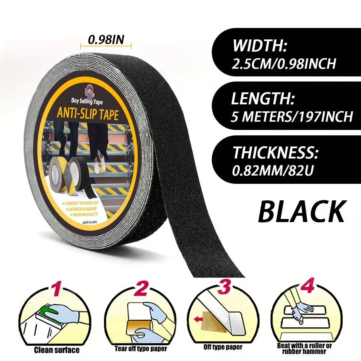 Anti Slip Safety Tape, Used for Anti Slip of Stairs and Steps, Strong Ground Grinding Tape (Yellow/Black) Hazard Warning Tape Qme Black-2.5cm 5m