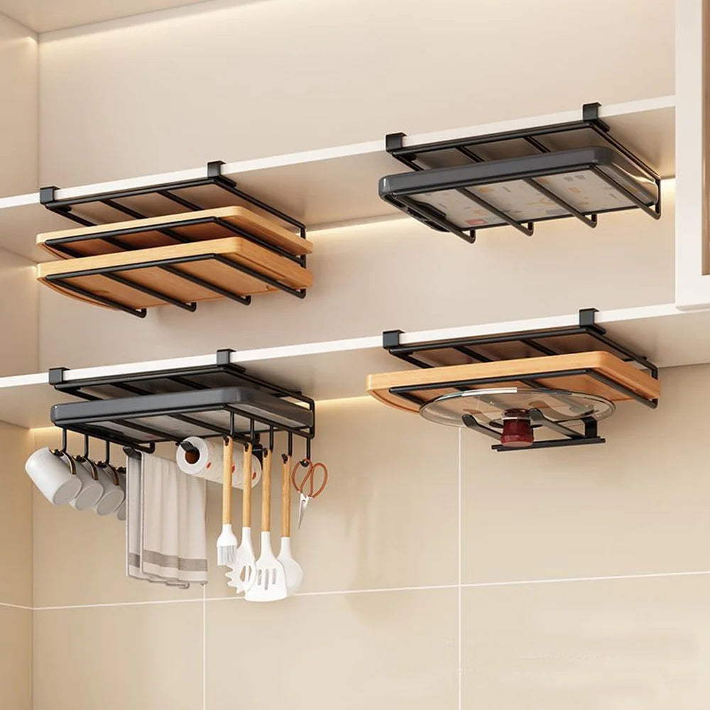 Kitchen Under Cabinet Hanging Organizer Rack with Hooks Multi-Purpose Holder for Paper Towel Cutting Board & Pot Lids Qme