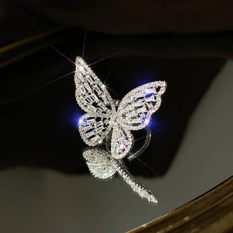 Luxury Sliver Color Zircon Multi Butterfly Open Ring for Women Exaggerated Personality Adjustable Finger Ring Cocktail Jewelry Qme