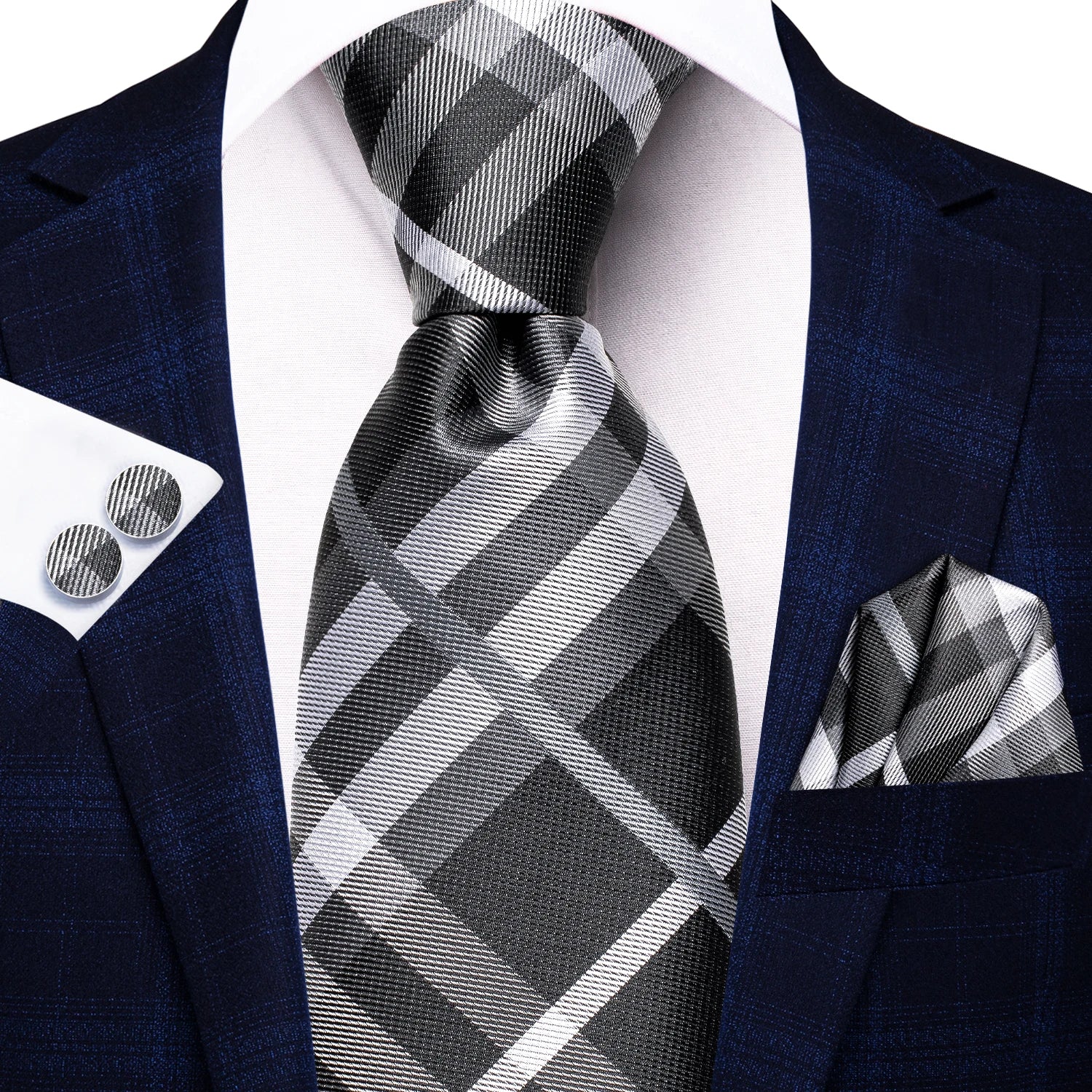 Hi-tie Fashion Black Plaid Dots Men's Elegant Tie Handkerchief Qme N-3456