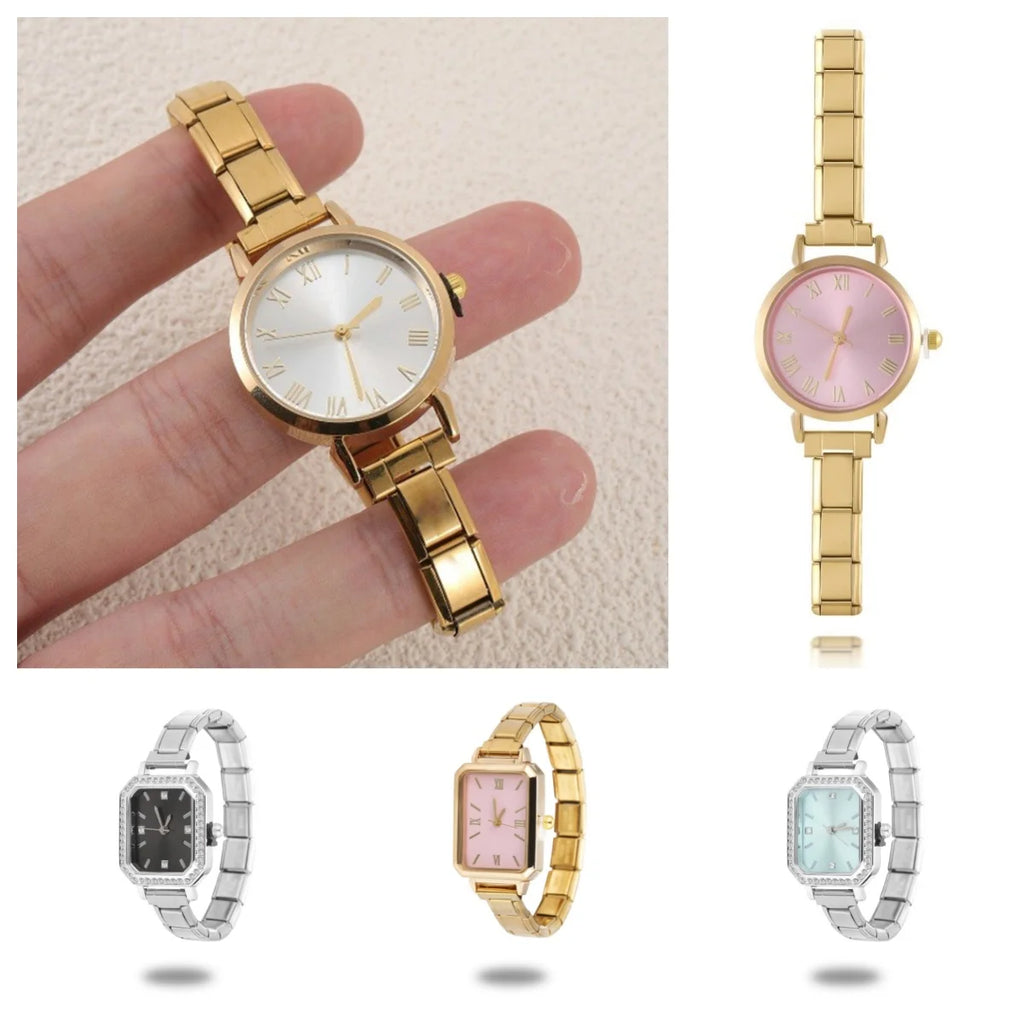 2026 Golden Round Watch Gift Watch Men Women 9MM Width Italian Elastic Charm Stainless Watch Header Linker Bracelets Jewelry DIY Qme