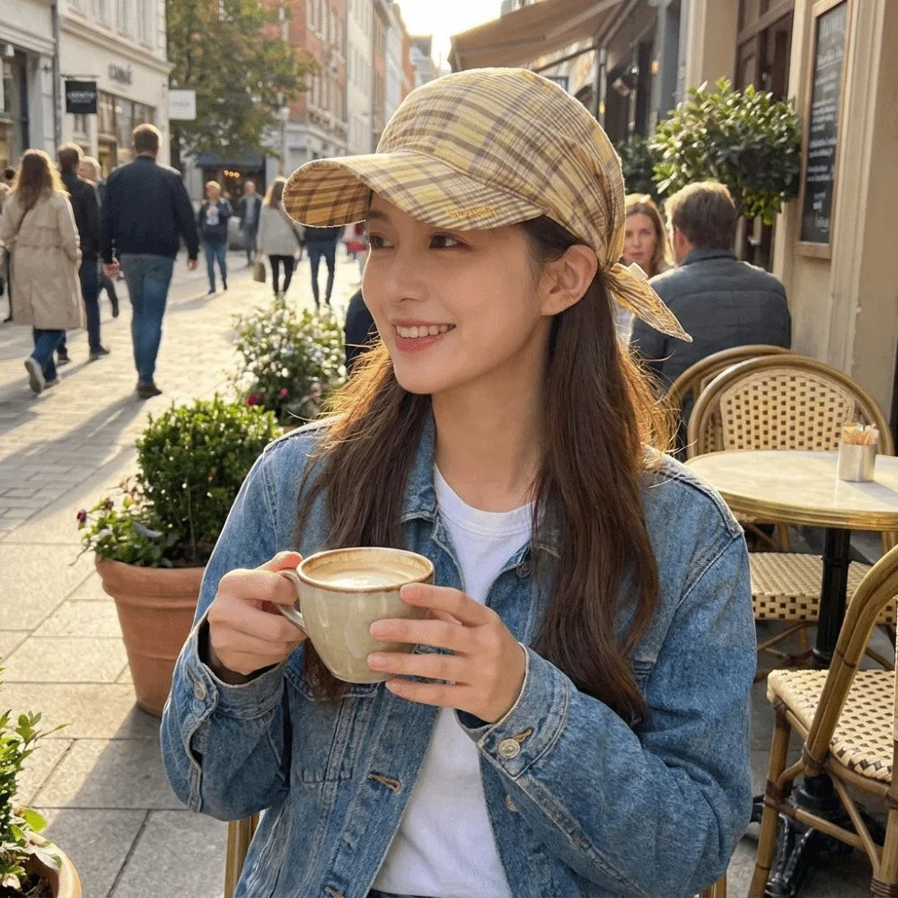 Contrasting Color Retro Plaid Sun Hat Retro Wide Brim Personalized Strap Cap Strap Adjustable Retro Plaid Turban Hat Qme
