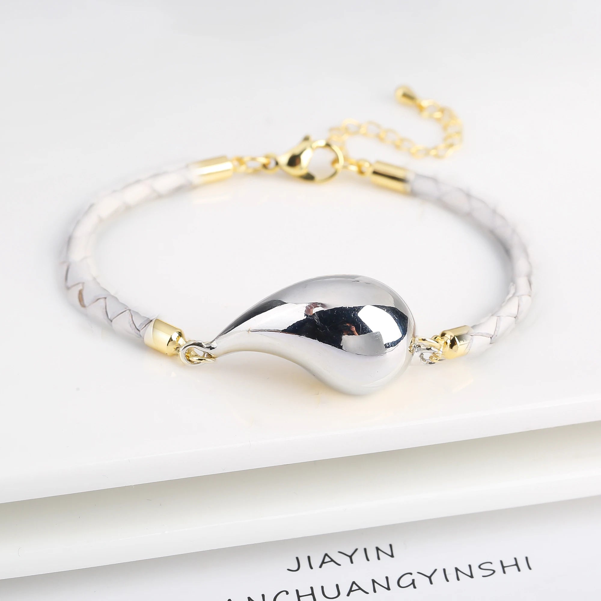 Simple Gold Plated Comma Leather Braided Adjustable Bracelet Fashion Women Water Drop Bracelet for Party Jewelry Gift Daily Wear Qme Color 10