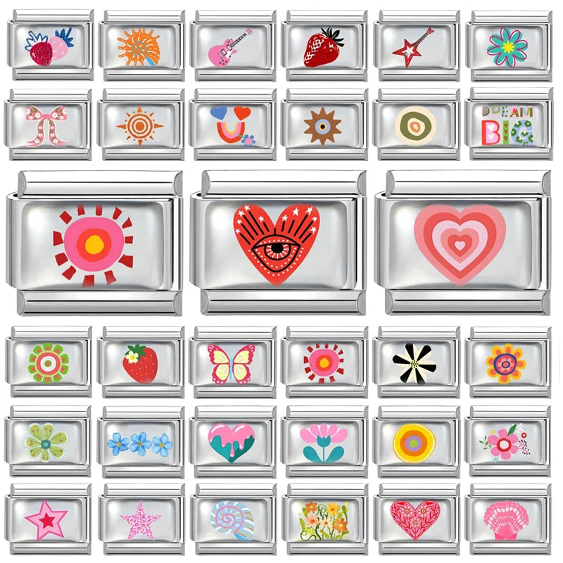 Women Men Fashion Color Series Pattern Heart Eye Sun Bead Charm Fit 9mm Italian Charm Bracelet Stainless Steel DIY Making Jewelr Qme