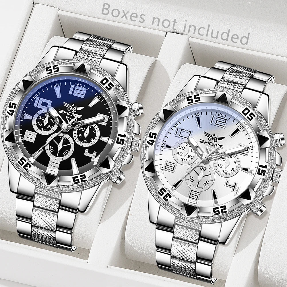 2PCS Silver Men's Watch Set Fashion Trend Business Quartz Watch Set Suitable for Daily Clothing Matching Perfect Gift Qme Silver