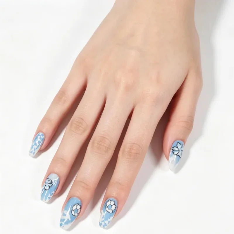 Argentina Press On Nails Blue White Football Fan Party False Nails Waterproof Easy Apply Remove Qme
