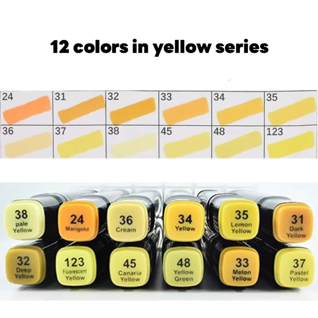 12 Pcs Oily Marker Pen Set Art Alcohol Based Markers Dual Tips Sketching Drawing Graffiti Manga School Art Supplies Qme Yellow Series