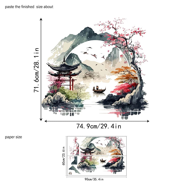 Landscape Painting Birds Mountain River Wall Sticker Background Home Qme Multicolor