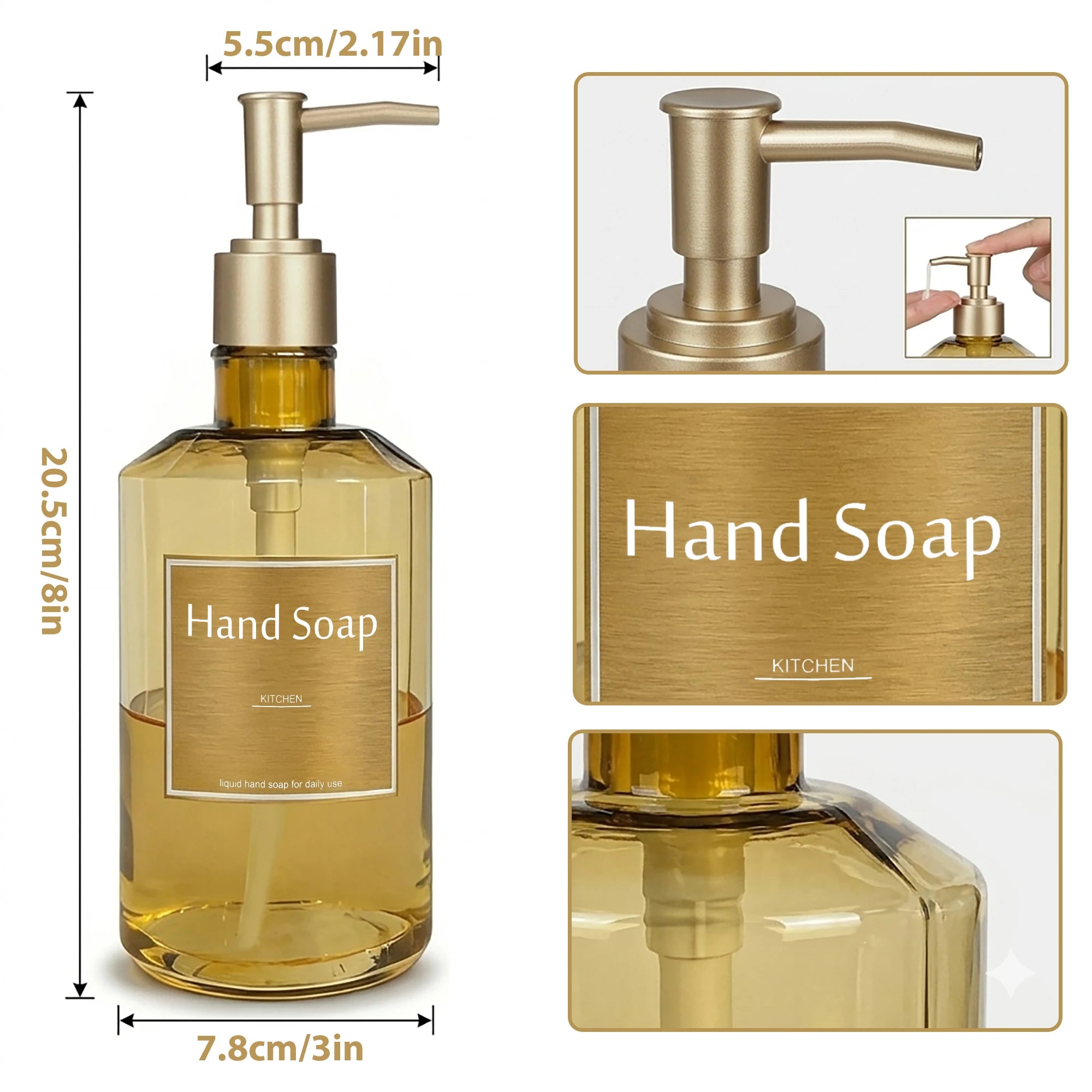 2PCS/SET Kitchen Counter Hand Soap Dispenser, Refillable Dish Soap Bottles with Gold Labels, 500ML/16.9OZ Reusble Pump Bottle Qme