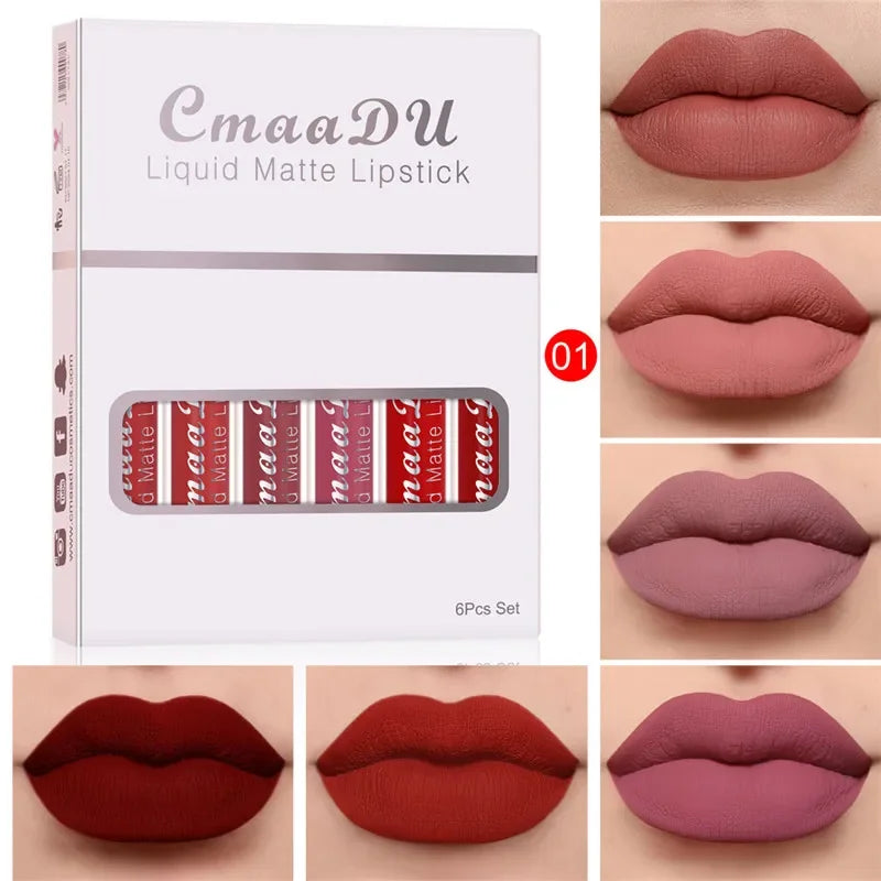 6 Colors/Set Fashion Matte Lip Gloss Sets Natural Moisturize Waterproof Lasting Velvet Sexy Red Liquid Lipstick Beauty Cosmetic Qme 01-6Pcs