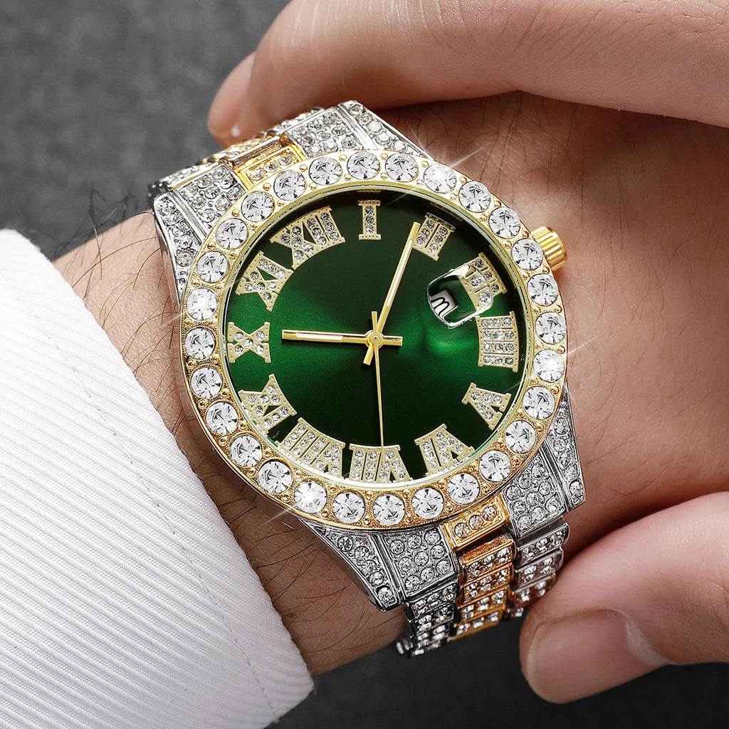 Men Iced Out Watch 4Pcs Jewelry Set Cross Necklace Ring Cuban Bracelet Hip Hop Gift Qme