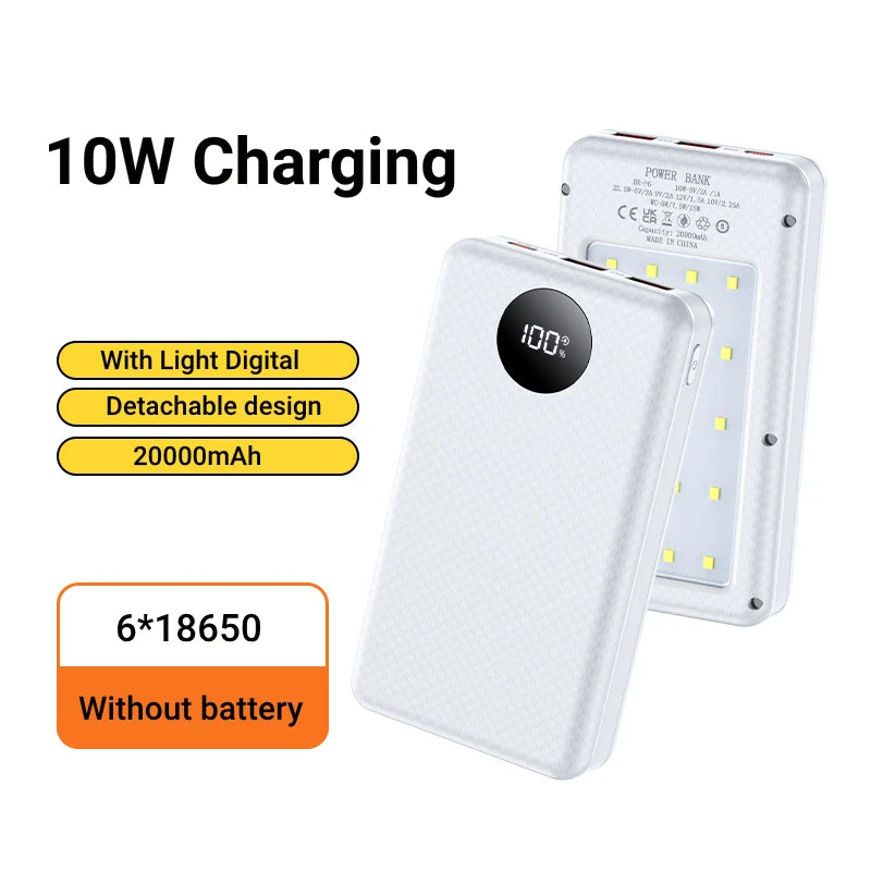 Multifunctional 6 Slots 18650 Battery Holder DIY Mobile Power Shell 10W Fast Charging LED Lamp Outdoor Portable Charger Case Qme WHITE