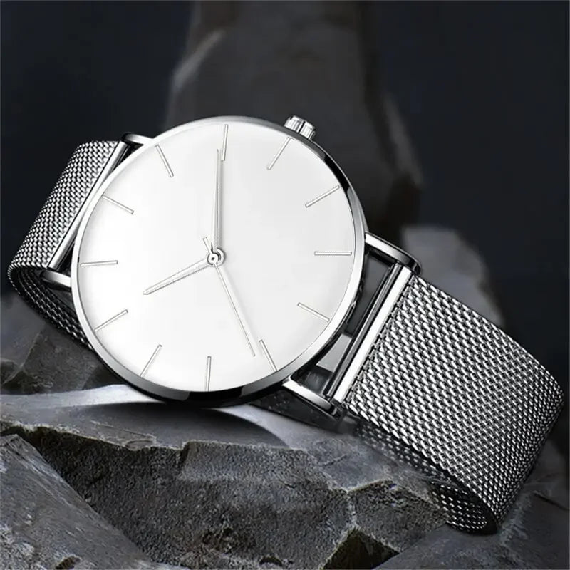 Luxury Fashion Minimalist Mens Ultra Thin Watches Simple Men Business Stainless Steel Mesh Belt Quartz Watch Casual Man Watch Qme