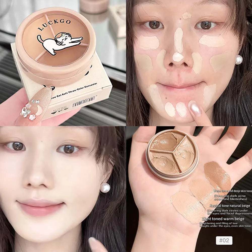 Olive Green 3-Color Concealer Palette Full Coverage Dark Circles Fine Lines Redness Cream Matte Brightening Under-Eye Makeup Qme 02