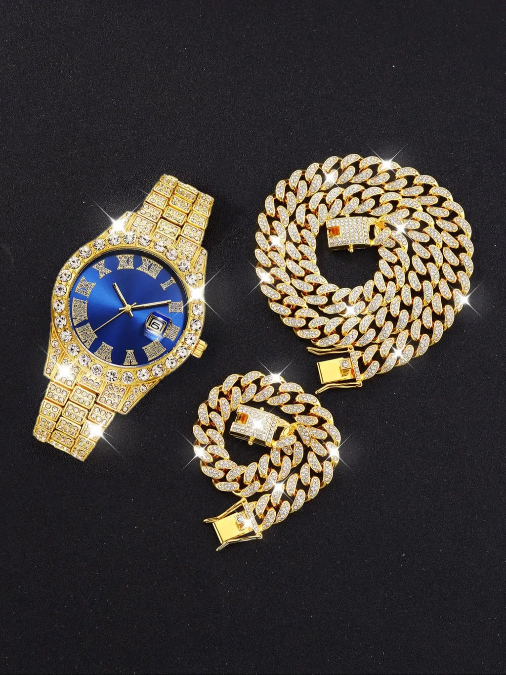 Gold Full Diamond Roman Calendar Men Watch With Cross Necklace Bracelets Qme